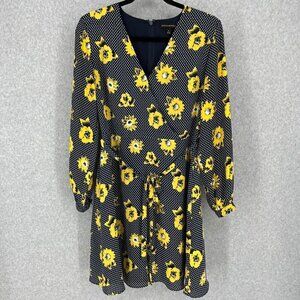 Banana Republic Floral Faux Wrap Dress Size 6 Navy Blue Polka Dot Yellow Tie